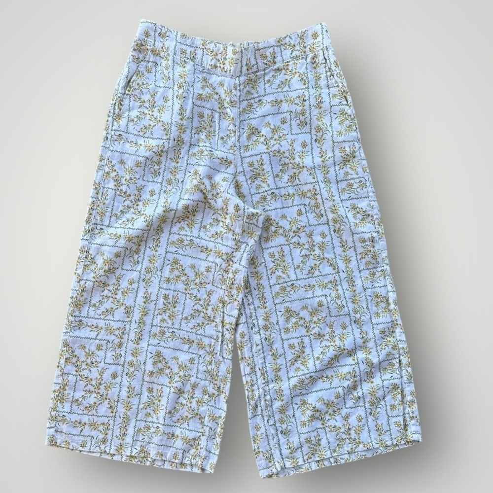 Joie White Wide-Leg Pants with Yellow & Green Floral Print